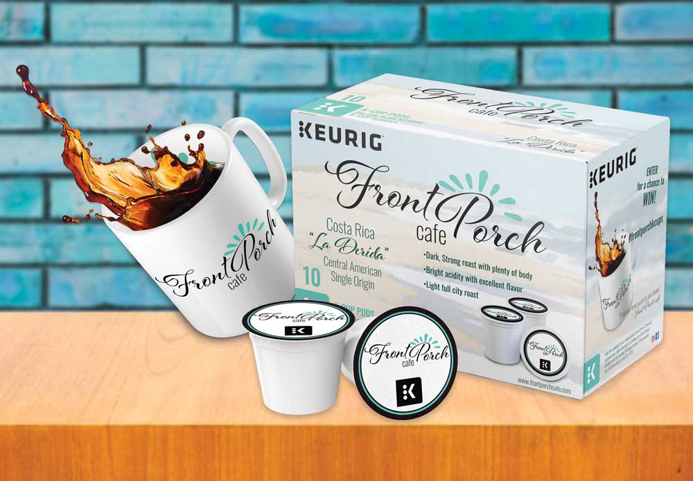 Front Porch Cafe Coffee cup and Keurig package design displayed on table